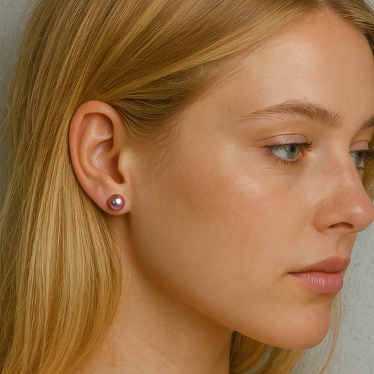 Champagne pearl stud earring on model ear, round pearl with metal backing