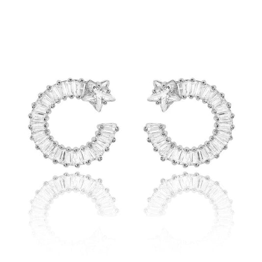 Silver shooting star hoop earrings with clear white cubic zirconia stones