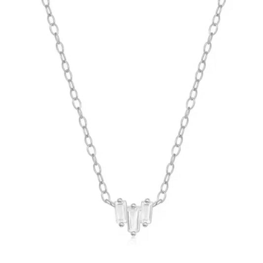 Silver-tone necklace with three emerald-cut cubic zirconia stones, delicate chain