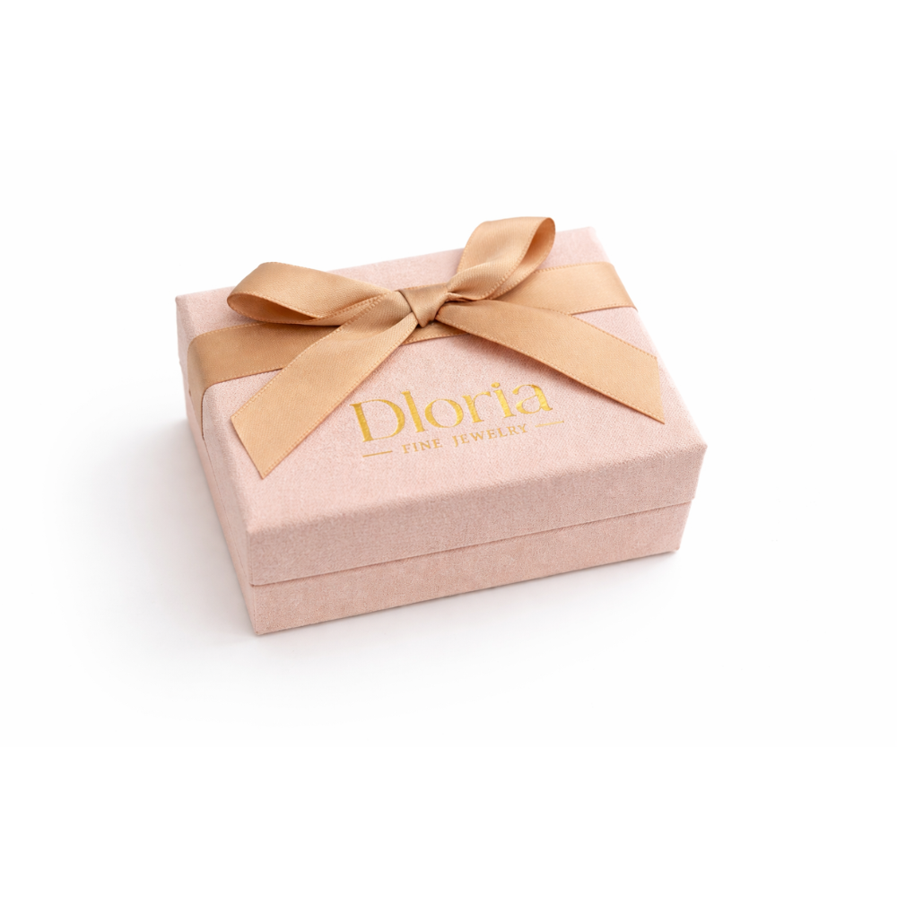 Pink jewelry gift box with tan ribbon bow and logo