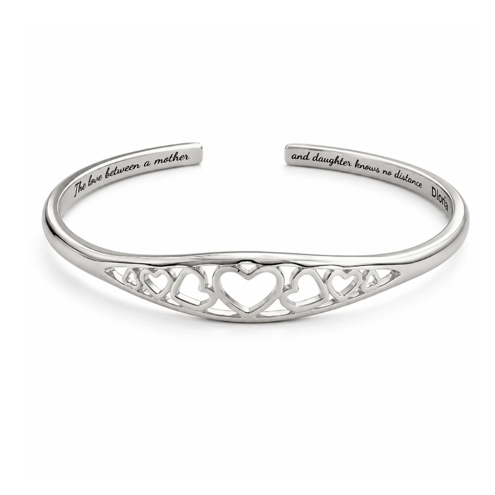 Silver adjustable engraved mother-daughter heart cuff bracelet with heart cutout detail