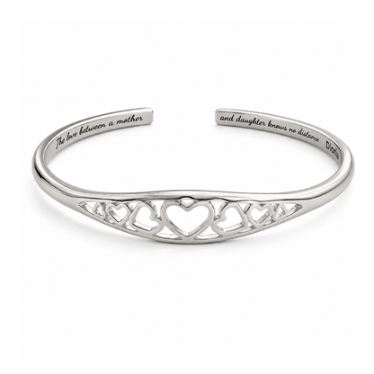 Silver adjustable engraved mother-daughter heart cuff bracelet with heart cutout detail