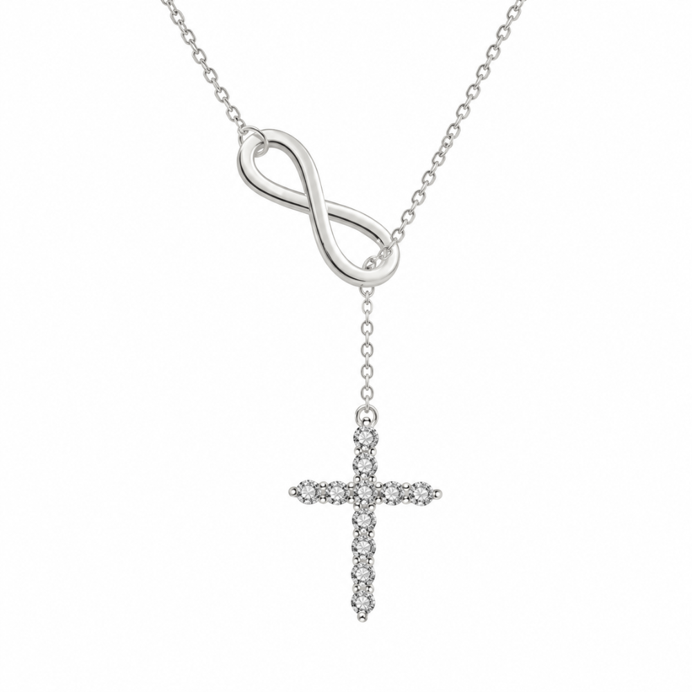 Silver lariat cross necklace with oval infinity clasp and sparkling rhinestone cross