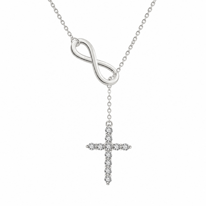 Silver lariat cross necklace with oval infinity clasp and sparkling rhinestone cross