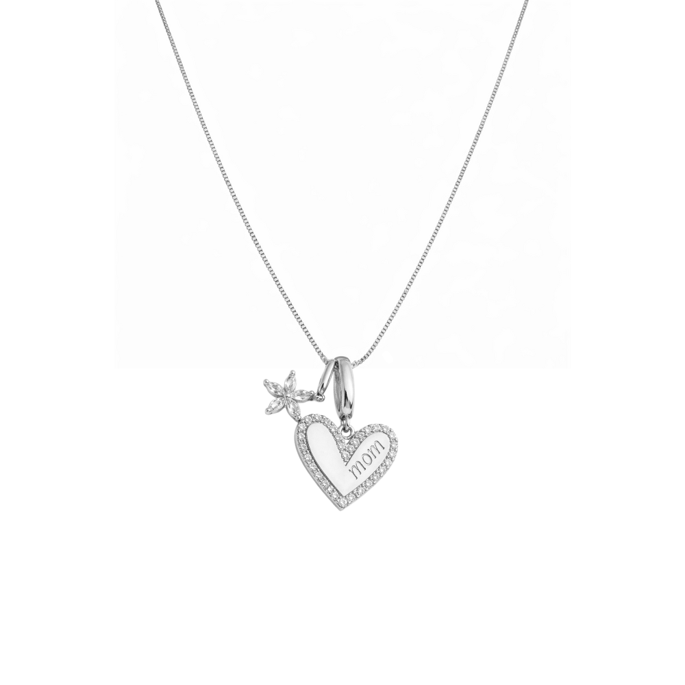 Silver necklace with a heart-shaped pendant and 'MOM' engraving on a white background