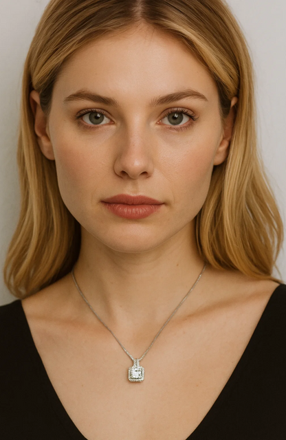 A woman with long blonde hair, in a black top and the Two Carat Halo Cubic Zirconia Pendant Necklace, looks directly at the camera with a neutral expression against a plain light background.