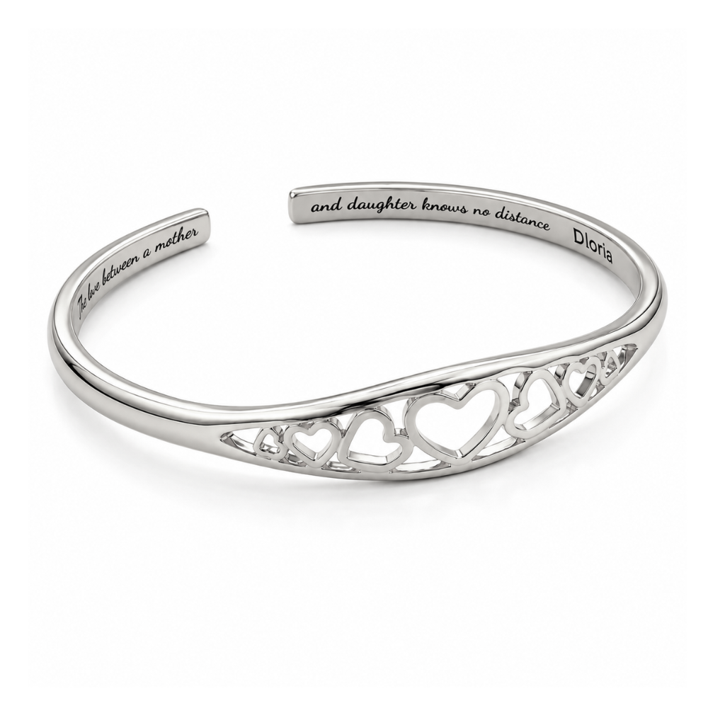 Silver-tone engraved heart adjustable cuff bracelet with inner mother-daughter quote