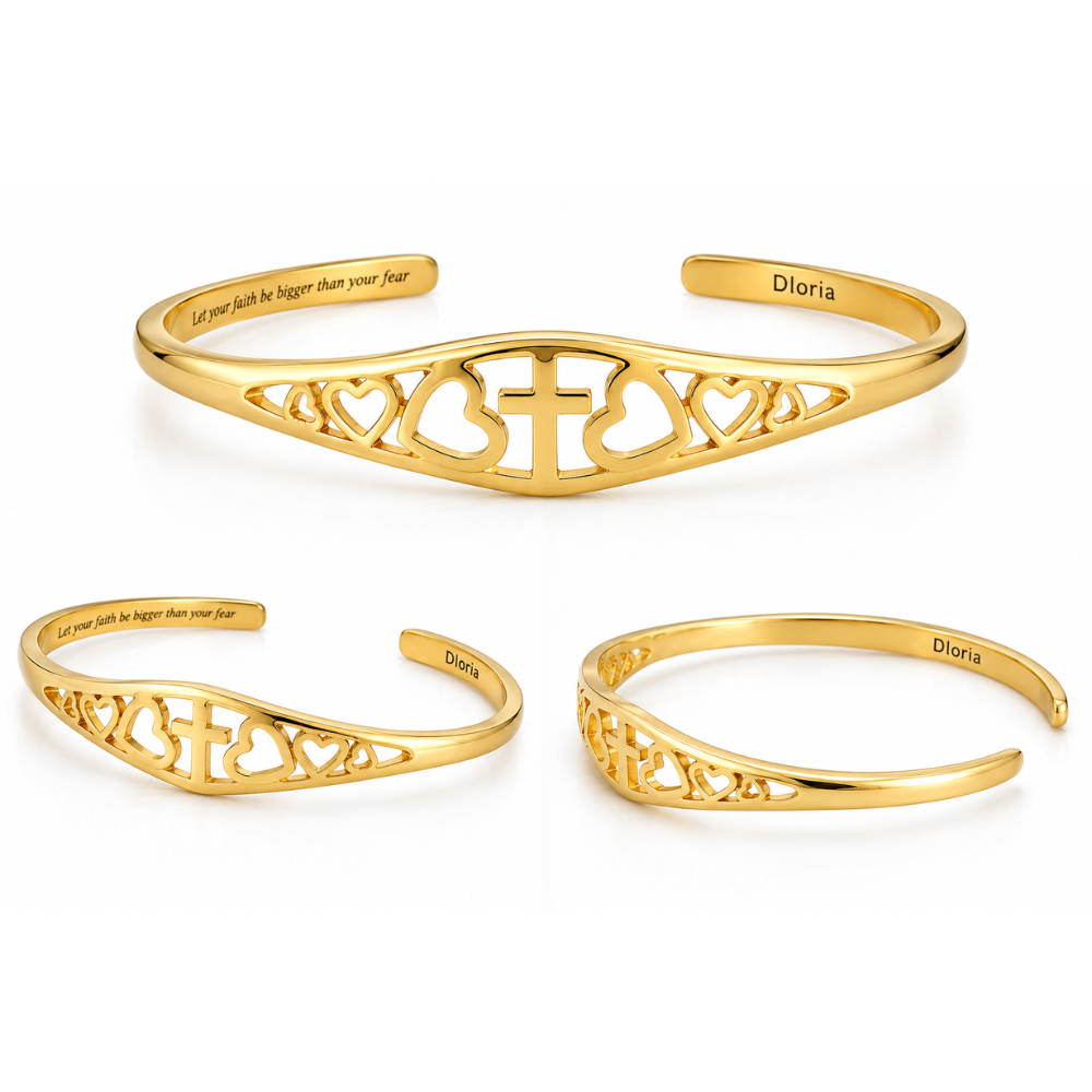 Gold adjustable cuff bracelet with engraved cross and heart motifs and inner faith quote