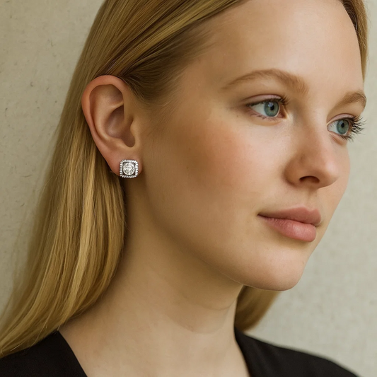 A woman with straight blonde hair wears a black top and the Katlyn Crystal Stud Earrings. She looks slightly to the side with a neutral expression against a light-colored background.