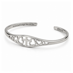 Silver adjustable cuff bracelet with cross and heart cutout design and engraved interior text