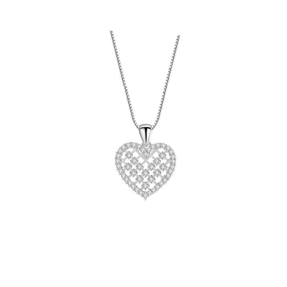 The Crystal Heart Necklace features a silver heart-shaped pendant with an open lattice design, accented with sparkling cubic zirconia stones, hanging from a delicate chain against a white background.