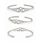 Silver heart cutout adjustable cuff bracelet, multiple angles with engraved text