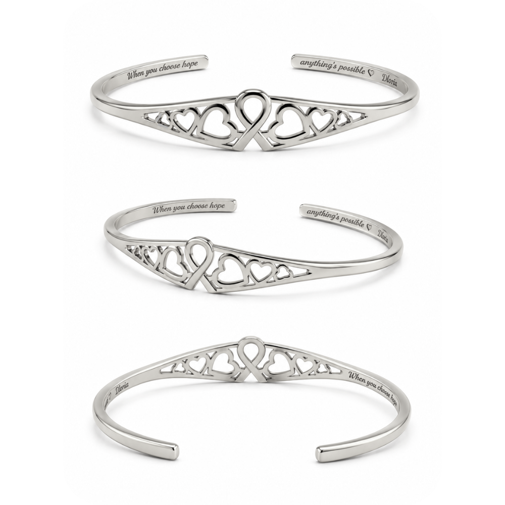Silver heart cutout adjustable cuff bracelet, multiple angles with engraved text