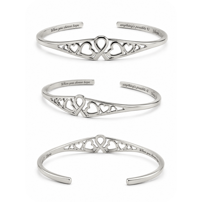 Silver heart cutout adjustable cuff bracelet, multiple angles with engraved text