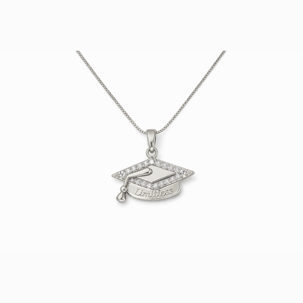 Silver graduation cap pendant necklace on a white background