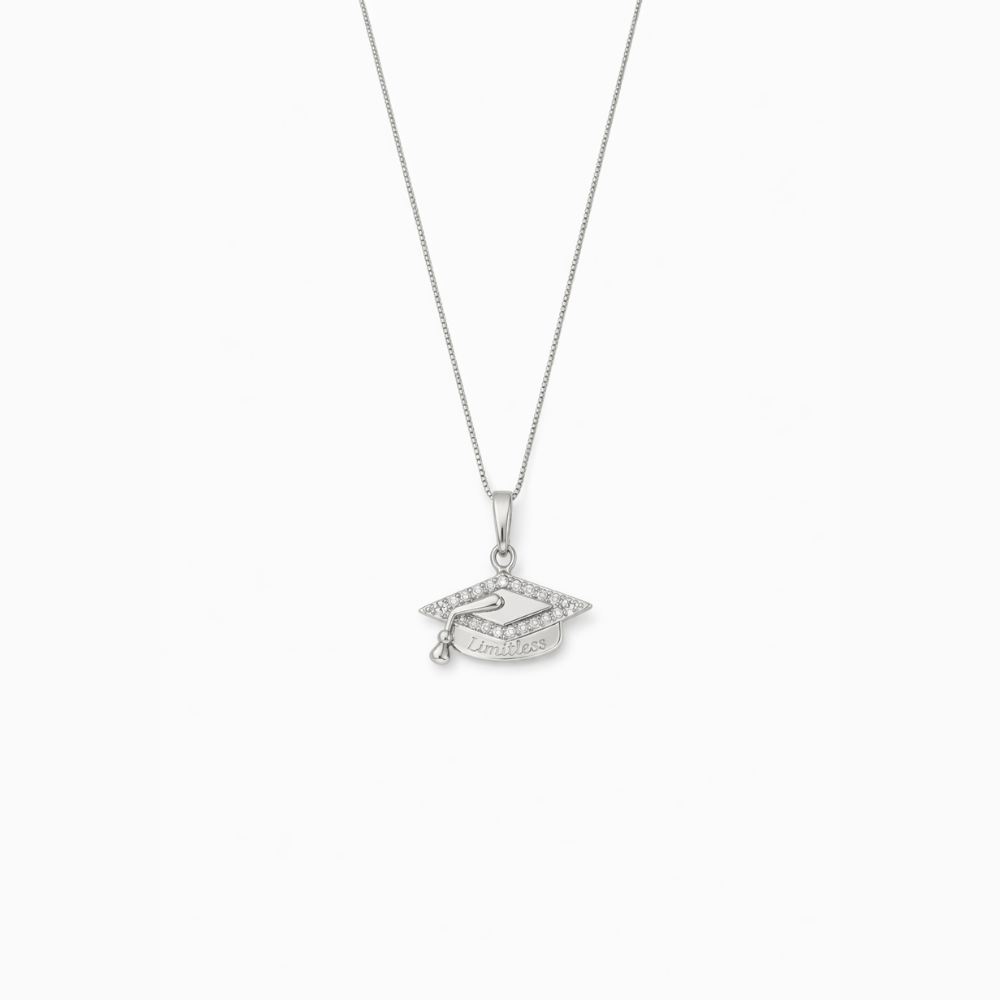 Silver graduation cap pendant necklace on a white background
