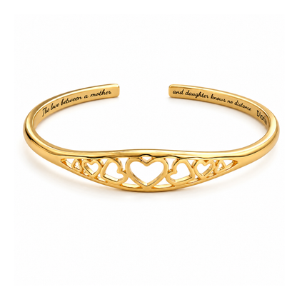 Gold adjustable engraved mother-daughter heart cuff bracelet with heart cutout detail