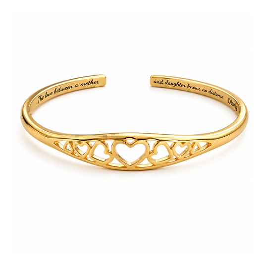 Gold adjustable engraved mother-daughter heart cuff bracelet with heart cutout detail
