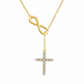 Gold lariat necklace with oval infinity clasp and sparkling cross drop