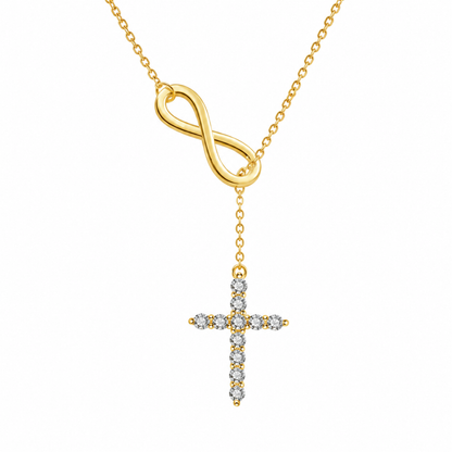 Gold lariat necklace with oval infinity clasp and sparkling cross drop