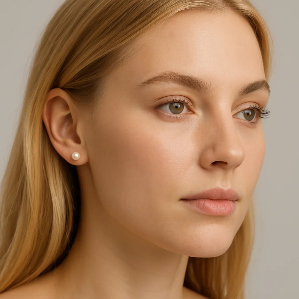 White pearl stud earrings on model, 6–7mm round pearls with metal backs.