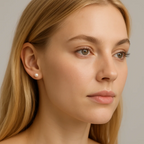 White pearl stud earrings on model, 6–7mm round pearls with metal backs.