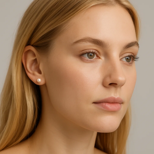 A young woman with long blonde hair, light skin, and green eyes wears White Freshwater Pearl Stud Earrings 6-7mm (925 Sterling) and gazes thoughtfully off-camera against a neutral background.