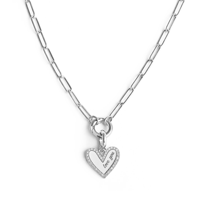 Silver necklace with a heart-shaped pendant on a white background