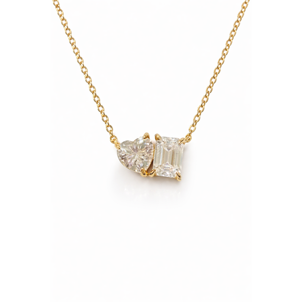 Gold vermeil necklace with heart and emerald-cut moissanite stones, set side-by-side on chain