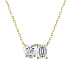 Gold vermeil necklace featuring a heart and emerald-cut moissanite pendant with gold prongs