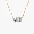 Gold vermeil two-stone necklace with heart-shaped and emerald-cut moissanite settings on chain