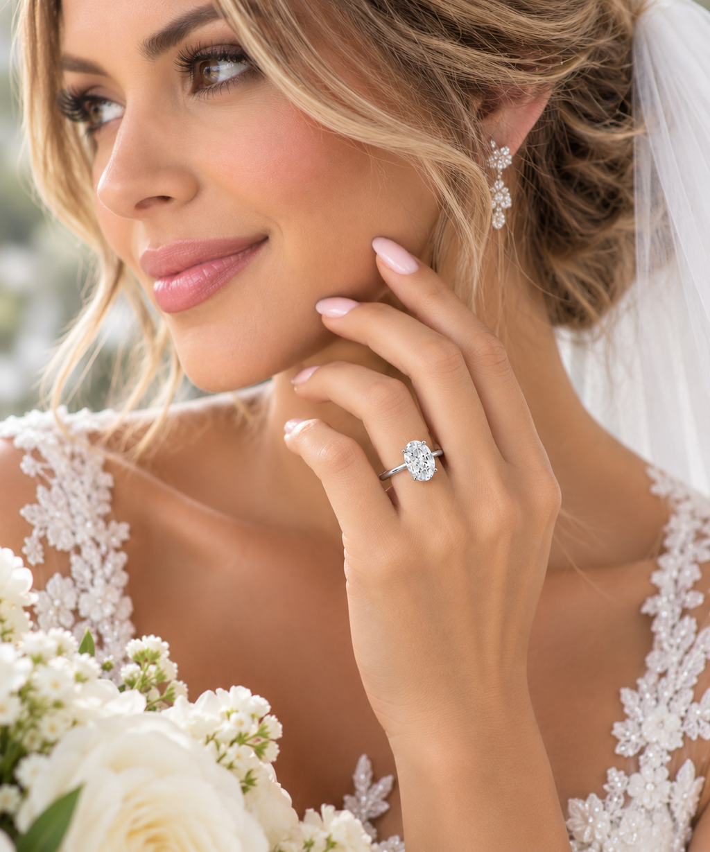 Gold-tone solitaire ring with prong-set center stone, worn with bridal veil