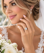 Gold-tone solitaire ring with prong-set center stone, worn with bridal veil