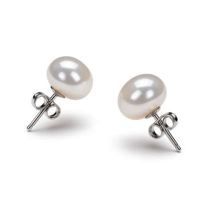 White Freshwater Pearl Stud Earrings 6-7mm feature lustrous pearls set on sterling silver plated posts with butterfly backs, displayed on a white background.