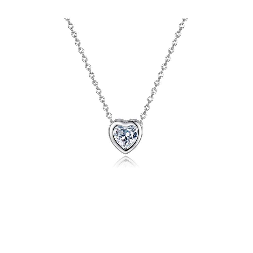 The Heart Necklace Cubic Zirconia Crystal features a delicate silver heart pendant with a central cubic zirconia gemstone, set against a white background.