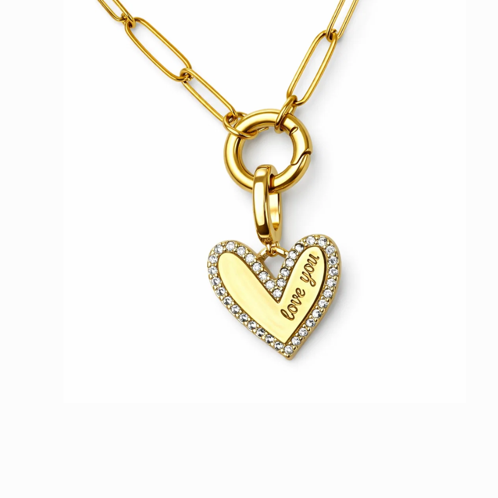 Gold heart-shaped pendant with 'love you' engraving on a white background