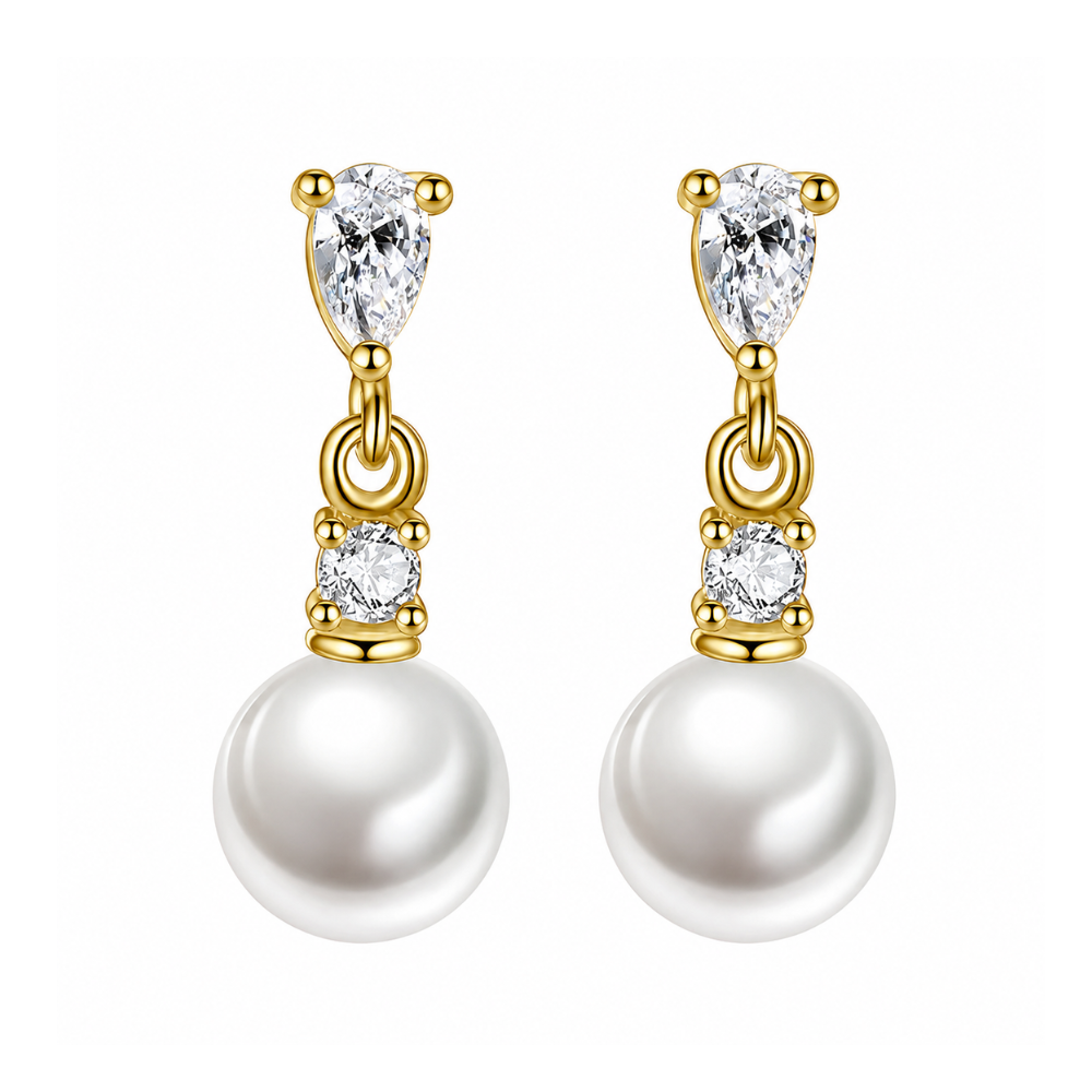 Gold-plated faux pearl drop earrings featuring pear-cut cubic zirconia and round cubic zirconia accents with a classic elegant design.

