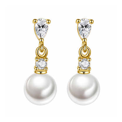 Gold-plated faux pearl drop earrings featuring pear-cut cubic zirconia and round cubic zirconia accents with a classic elegant design.
