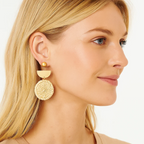 Woven straw round drop earrings with half-moon top and gold-tone hook, side view