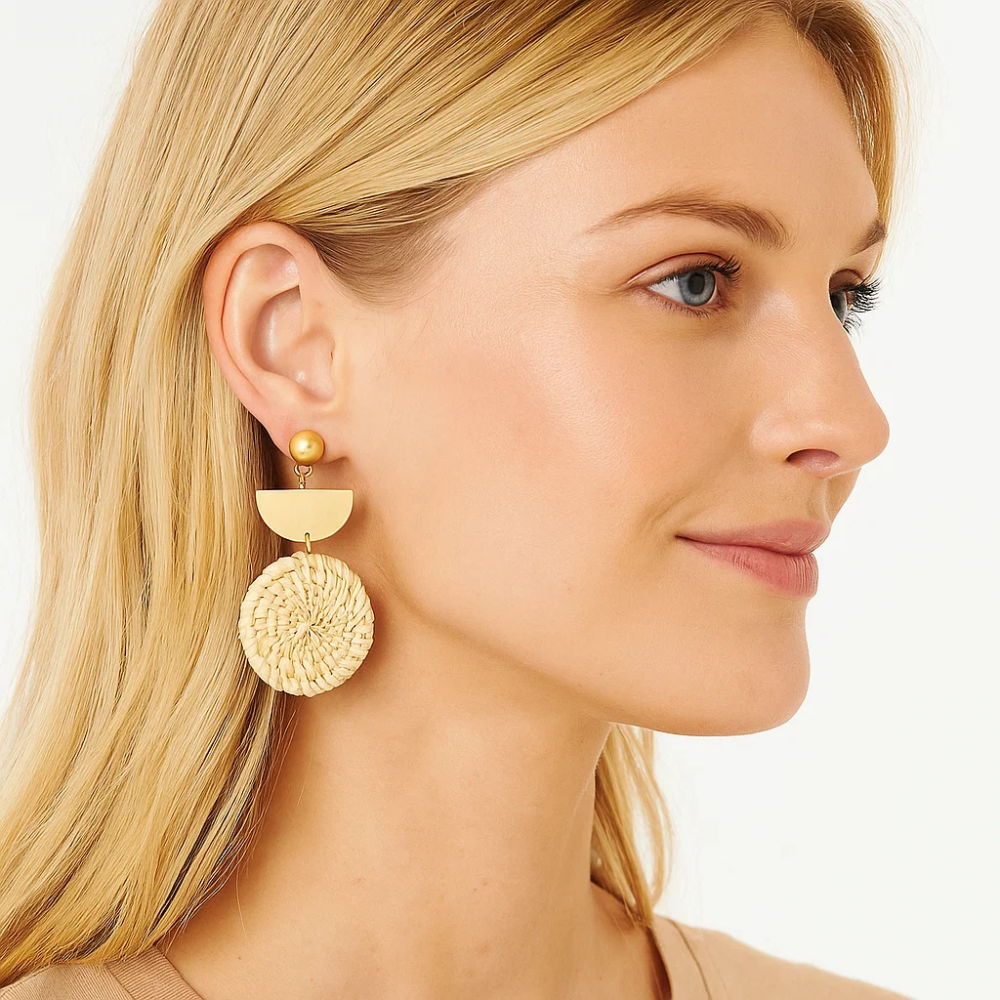 Rattan Earrings Organic Wooden Straw Weave