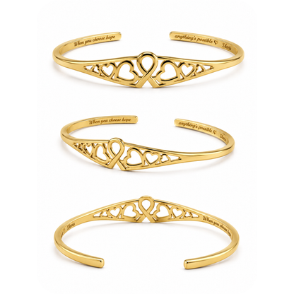 Gold heart ribbon engraved adjustable cuff bracelet shown from multiple angles