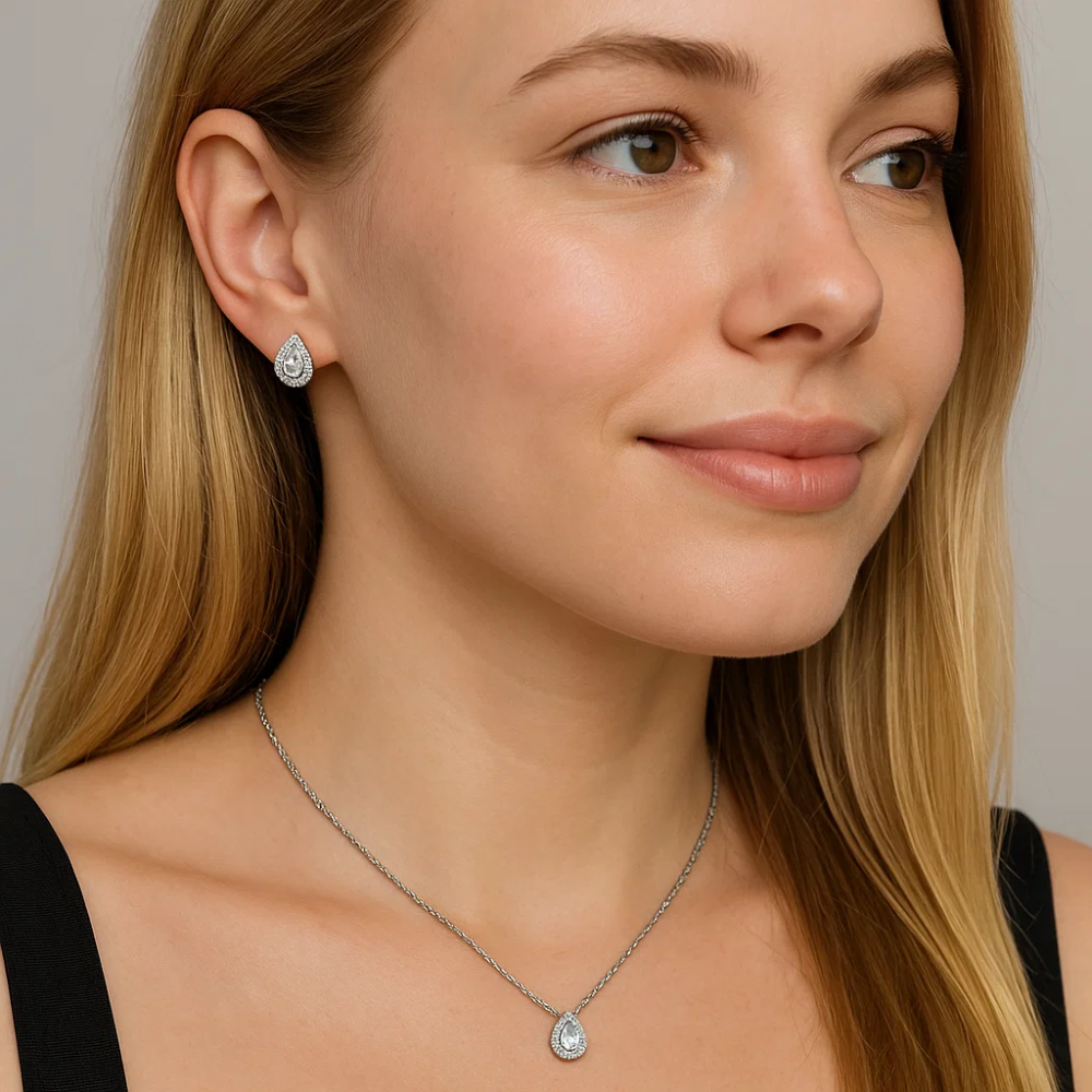 Teardrop crystal stud earring and teardrop pendant necklace on chain