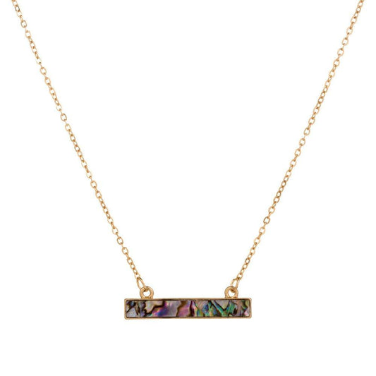 Gold chain necklace with iridescent abalone shell rectangular pendant, loop clasps