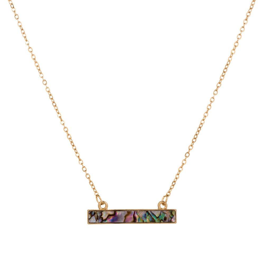 Gold chain necklace with iridescent abalone shell rectangular pendant, loop clasps