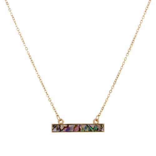 Gold chain necklace with iridescent abalone shell rectangular pendant, loop clasps