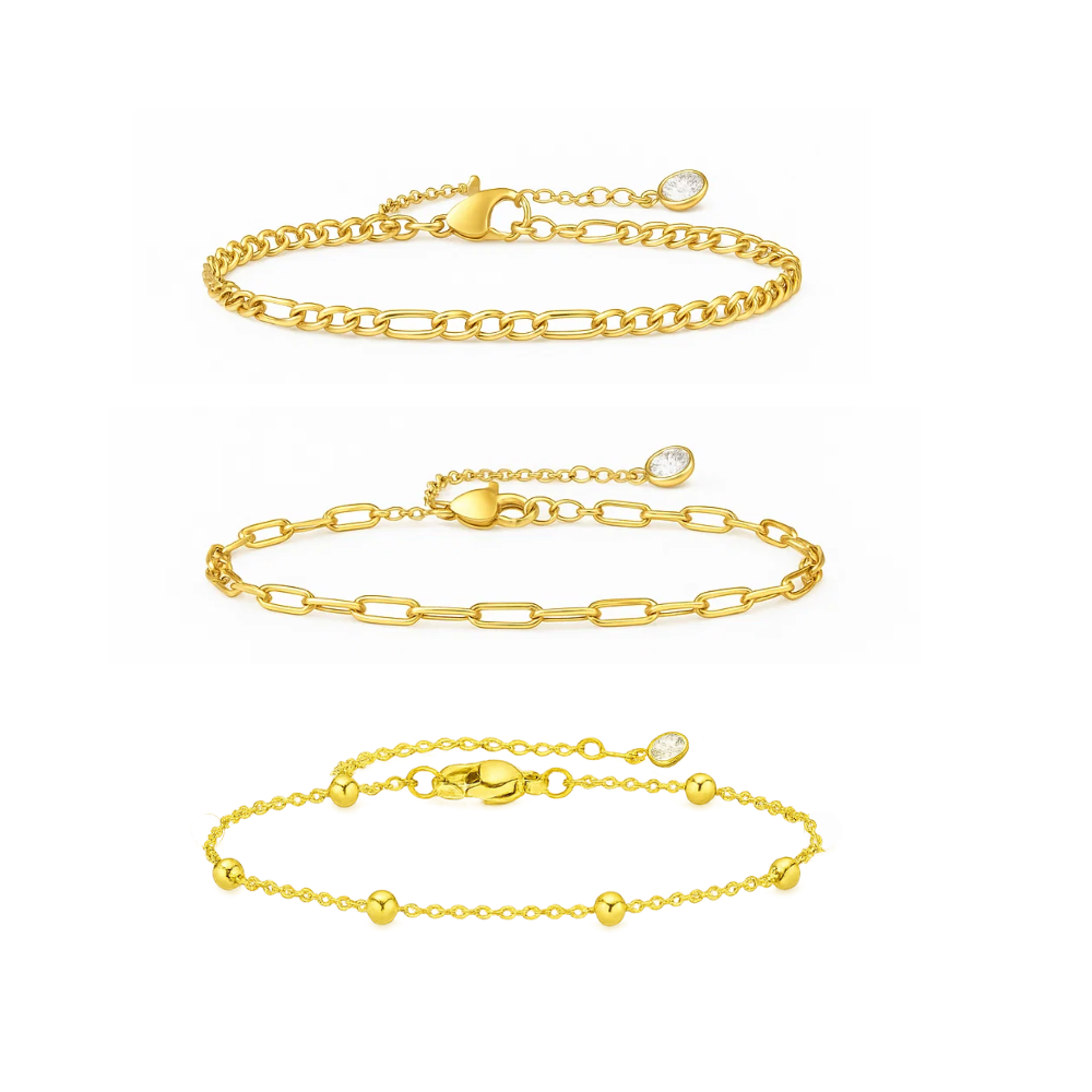Gold-tone 3-piece beaded bracelet set with chain, Figaro, and paperclip links