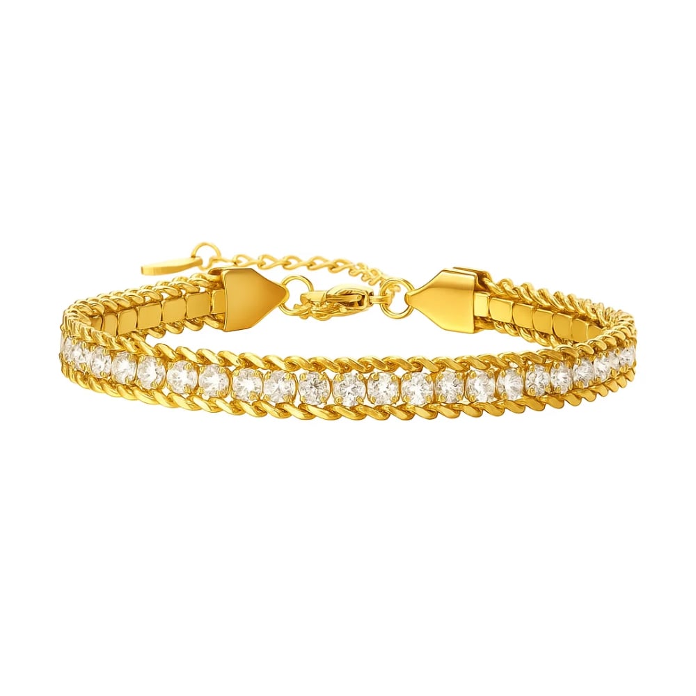 Gold-tone double-row chain bracelet with clear CZ stones and adjustable clasp.