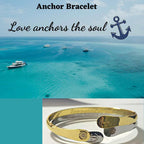 Gold tone anchor bracelet with engraved love anchor charm on display