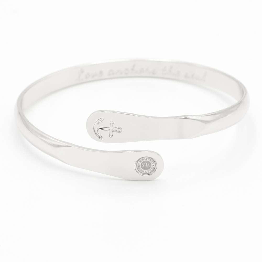 Silver anchor engraved cuff bracelet with oval charm plate and round seal