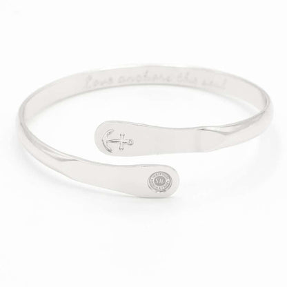 Silver anchor engraved cuff bracelet with oval charm plate and round seal